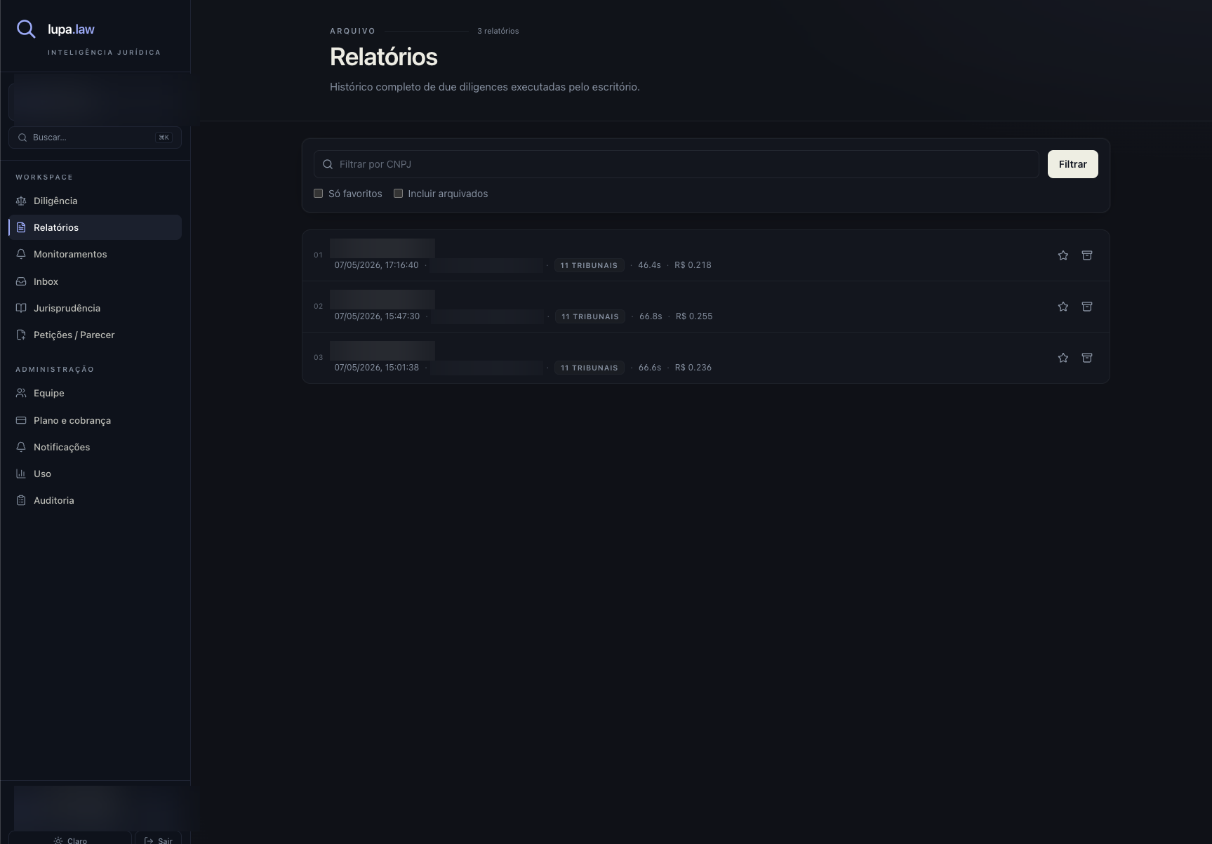 Lista de relatórios com favoritos, arquivados, custo em BRL e filtros por CNPJ.