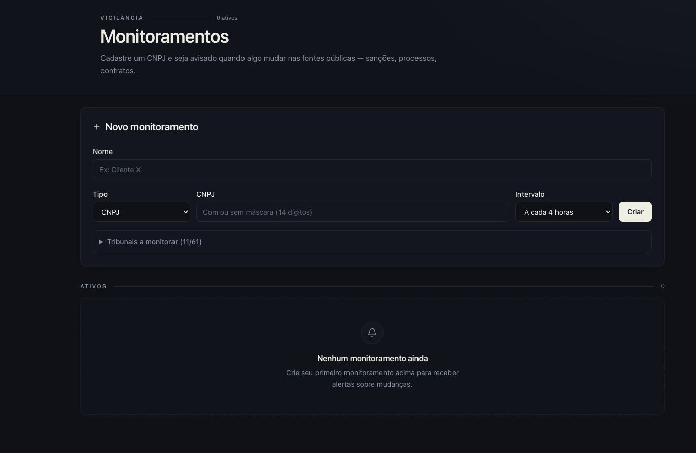 Tela de monitoramentos com targets ativos, último estado e badge de não-lidos.
