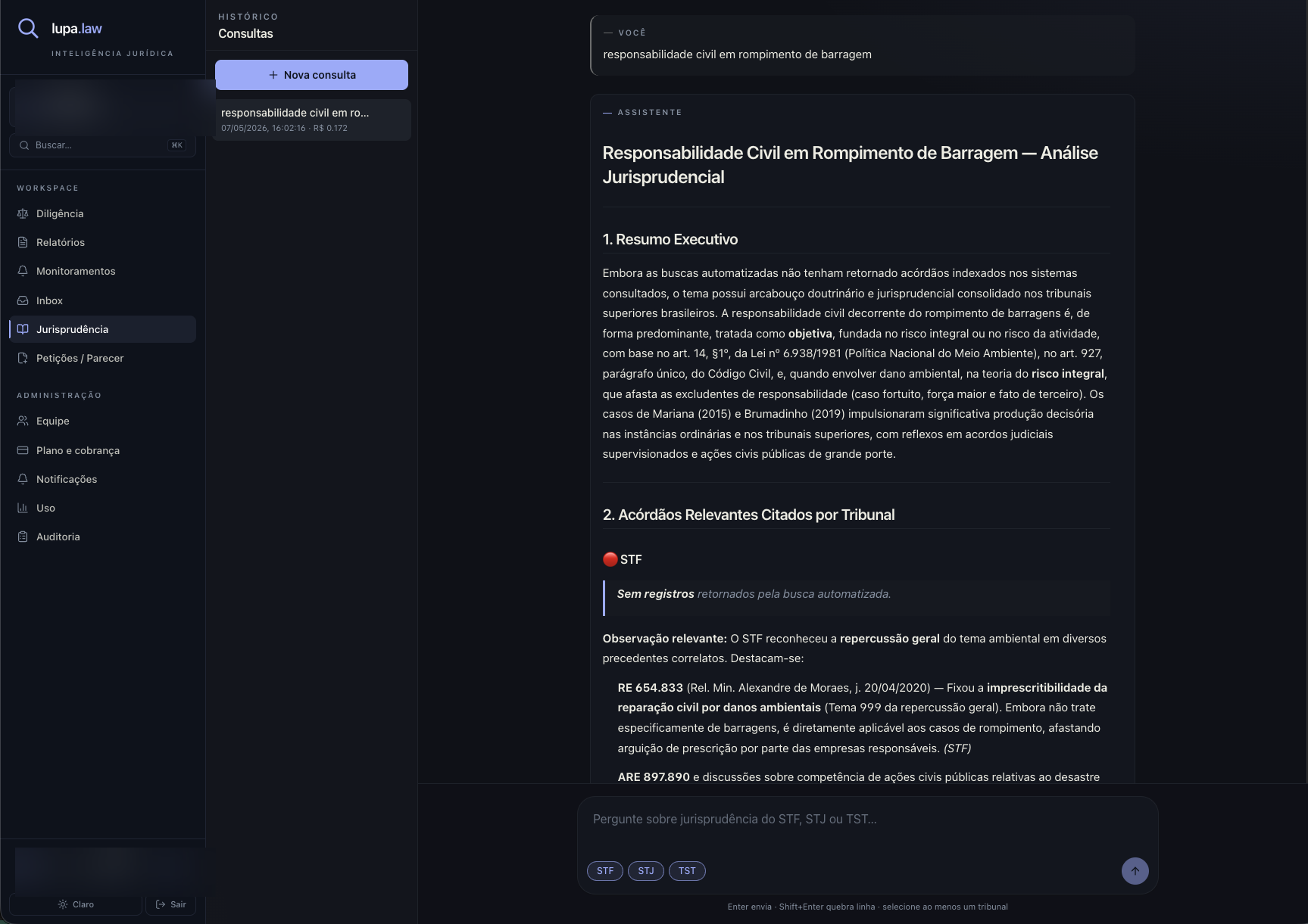 Chat de jurisprudência com sidebar de conversas e citações inline por tribunal.